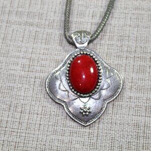 Vintage Silver-toned Pendant with Red Oval Stone on Chainmail Type 24" Necklace
